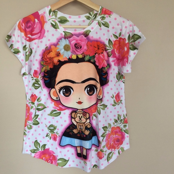 The Little Pueblo Tops New Frida Kahlo Cartoon Girl With Monkey Tshirt Poshmark